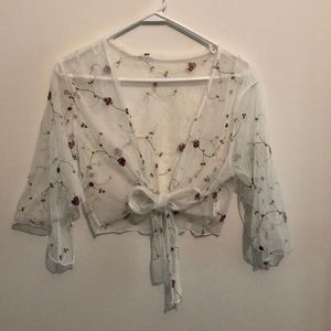 Tie front mesh floral top